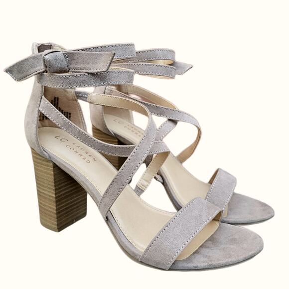 Chunky Heel Sandals Lauren Conrad Walnut Size 10 Tan Strappy Bow Sandal Rear Zip - Picture 1 of 12